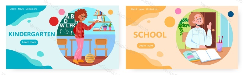 Child development landing page design, website banner template set, flat vector illustration. Kindergarten, preschool development, school education.