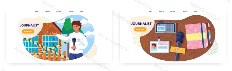 Journalist landing page design, website banner template set, flat vector illustration. Male news reporter with microphone making live report from the street. Breaking news. Journalism, broadcast media