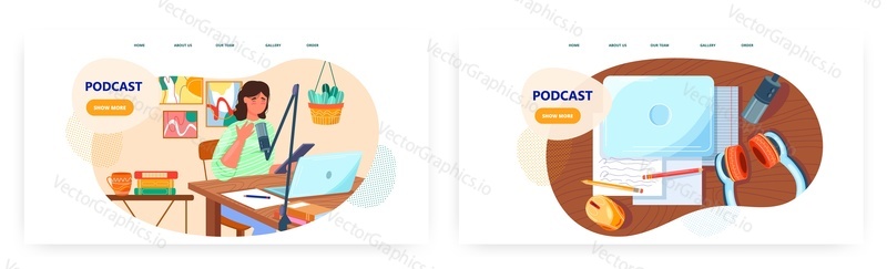 Podcast landing page design, website banner template set, flat vector illustration. Radio host. Woman with microphone recording audio podcast. Online radio, podcasting, broadcasting.