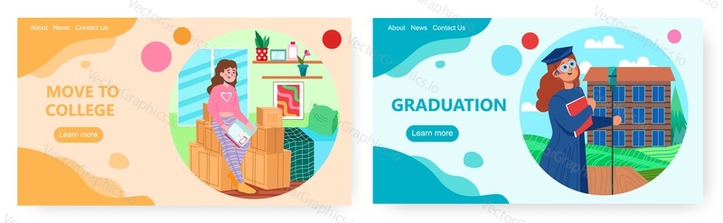 Education landing page design, website banner template set, flat vector illustration. Happy student moving to college campus and celebrating graduation wearing gown and hat. University education.