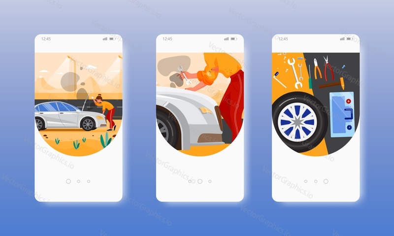 Car breakdown. Female driver fixing broken car. Spare wheel, toolbox. Mobile app onboarding screens. Vector banner template for website and mobile development. Web site and UI design illustration.