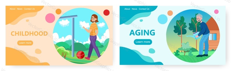 Aging process landing page design, website banner template set, flat vector illustration. Child growing and becoming adult. Childhood, adulthood, ageing, human life cycle, life stages, lifespan.