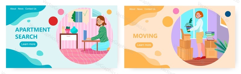 Rent home online landing page design, website banner template set, flat vector illustration. Woman searching for apartment online, moving to new house. Real estate.