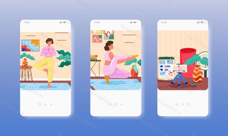 Yoga trainer vlogger recording video with smartphone camera. Blog, live broadcasting. Mobile app screens. Vector banner template for website and mobile development. Web site and UI design illustration