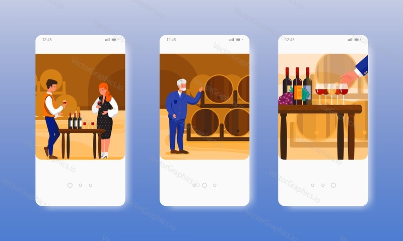 Wine tasting. Sommelier, guests, wood barrels grape alcohol drink. Wine degustation. Mobile app screens. Vector banner template for website and mobile development. Web site and UI design illustration.