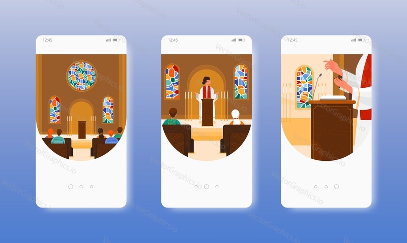 Catholic priest, pastor giving speech, saying prayer. Church worship. Mobile app onboarding screens. Vector banner template for website and mobile development. Web site and UI design illustration.