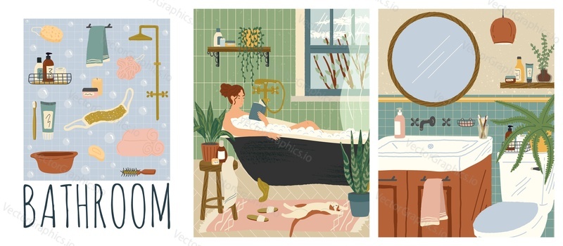 Vector set of bathroom interiors hand drawn illustrations. Woman reading book while relax in bath tub. Bathroom accessories, toilet room, home interior.