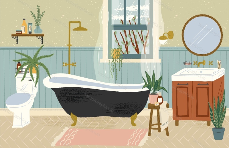Bathroom interior with bathtub, toilet and washstand. Hand drawn vector illustration in cozy scandinavian style. Home interior design.