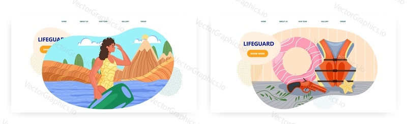 Lifeguard landing page design, website banner template set, flat vector illustration. Female lifeguard walking along the beach with rescue buoy. Professional beach rescuer equipment.