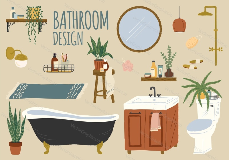 Vector set of bathroom accessories and furniture. Hand drawn home bath interior isolated objects. Bathtub, shower, washbasin, shampoo, toilet, mirror.