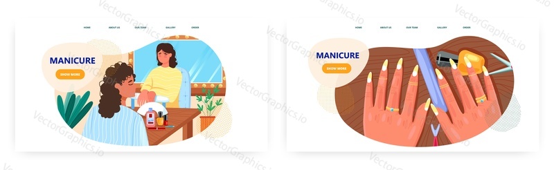 Manicure landing page design, website banner template set, flat vector illustration. Woman getting manicure in beauty salon. Nail artist, manicurist service. Nail treatment.