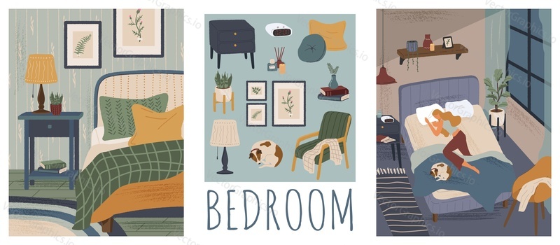 Woman sleeping in bed with a dog. Bedroom interior hand drawn vector illustration set. Home modern interior design. Cozy room furniture and accessories.