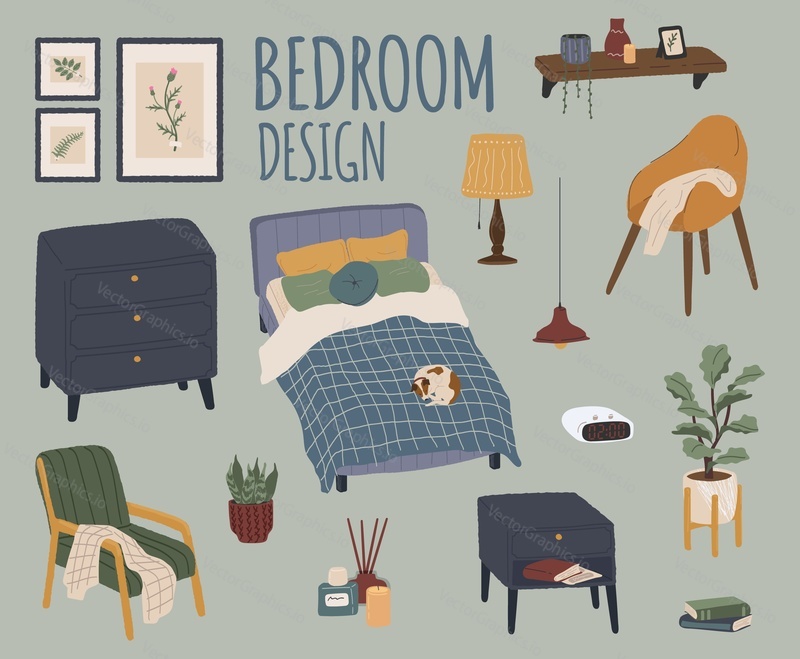 Vector set of bedroom accessories and furniture. Hand drawn home room interior isolated objects. Bed, chair, nightstand, alaram clock, lamp.