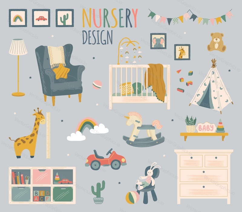 Vector set of nursery room accessories and furniture. Home kid room modern interior design elements. Hand drawn isolated objects. Crib, toys, storage cabinet.