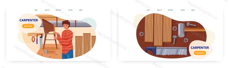 Carpenter landing page design, website banner template set, flat vector illustration. Joiner woodworker assembling, making furniture using saw, hammer, nails, wooden plank. Carpenter workshop, service