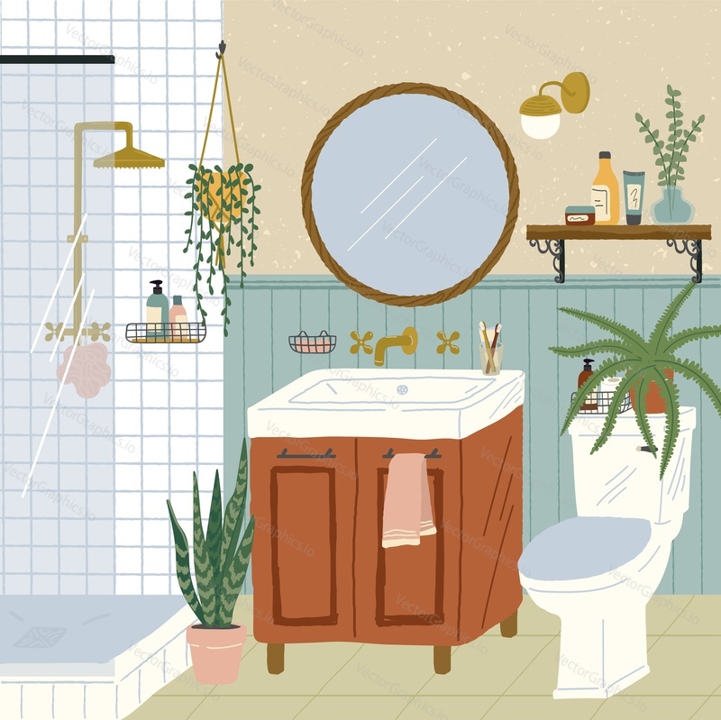 Bathroom interior with stand shower, toilet and washstand. Hand drawn vector illustration in cozy scandinavian style. Home interior design.