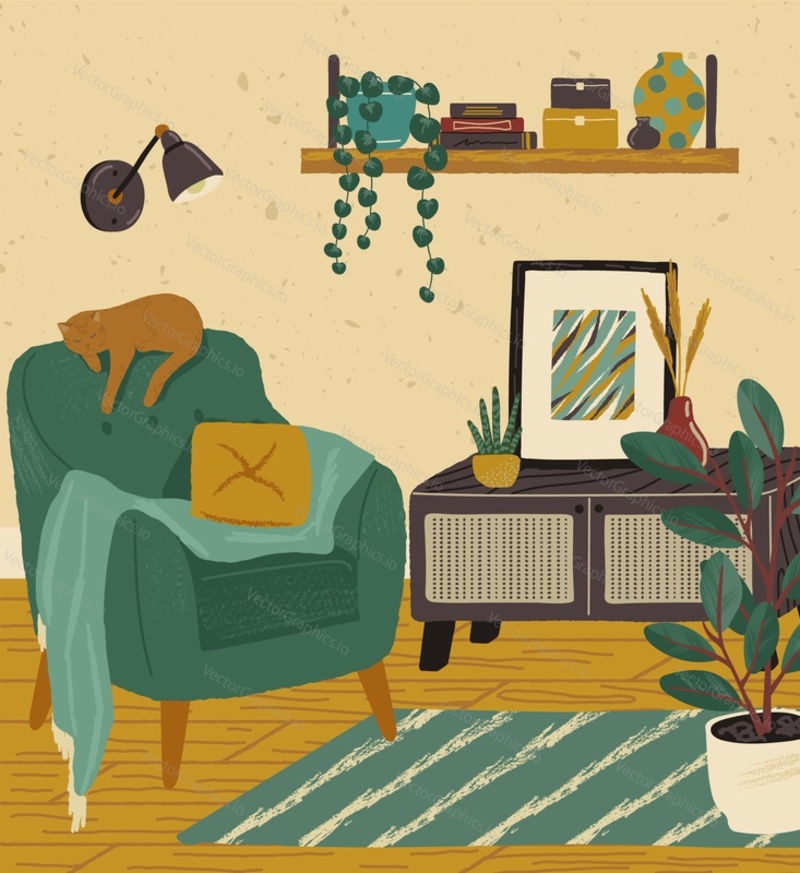 Living room interior hand drawn vector illustration. Home modern interior design. Cozy room furniture and accessories. Chair, nightstand, house plant.