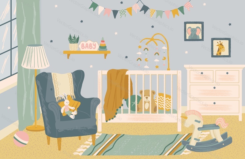 Nursery room interior hand drawn vector illustration. Home modern interior design. Newborn child room furniture and accessories. Baby crib, chair, kids toys, playground.