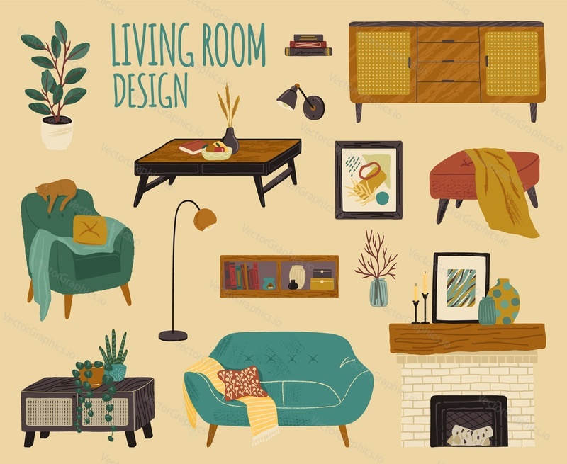 Vector set of living room accessories and furniture. Home modern interior design elements. Hand drawn isolated objects. Chair, fireplace, sofa, storage cabinet, table, shelf.