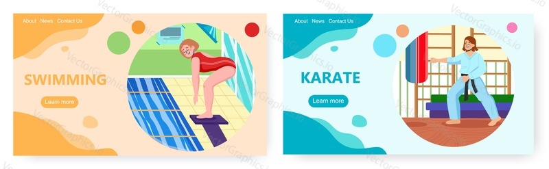 Sport landing page design, website banner template set, flat vector illustration. Swimming and karate sport activities. Healthy lifestyle.