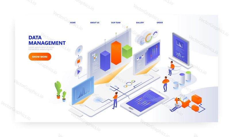 Data management landing page design, website banner template, flat vector isometric illustration. People interacting with charts, analyzing data on desktop, laptop computers, tablet, mobile phone.