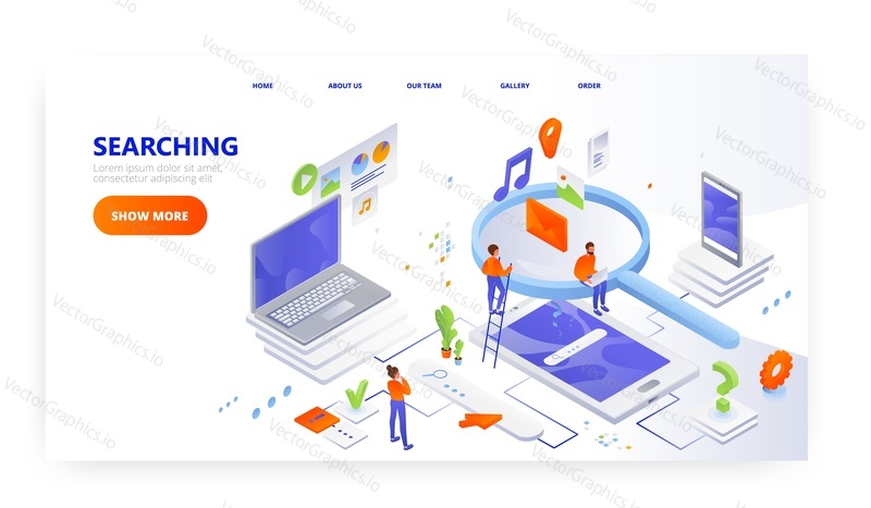 Searching for information landing page design, website banner template, flat vector isometric illustration. Business people searching data with magnifying glass and mobile devices.