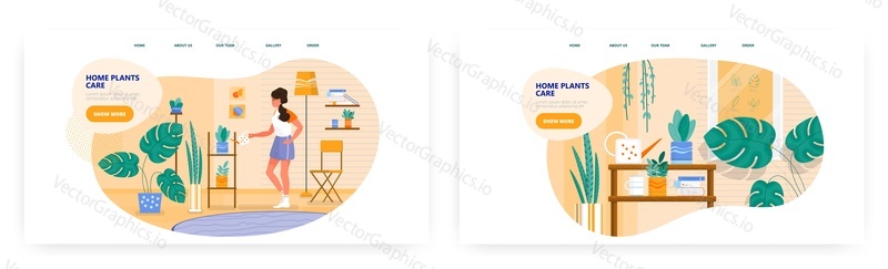 Home plants care landing page design, website banner template set, flat vector illustration. Woman watering potted flowers in living room. Houseplant care.