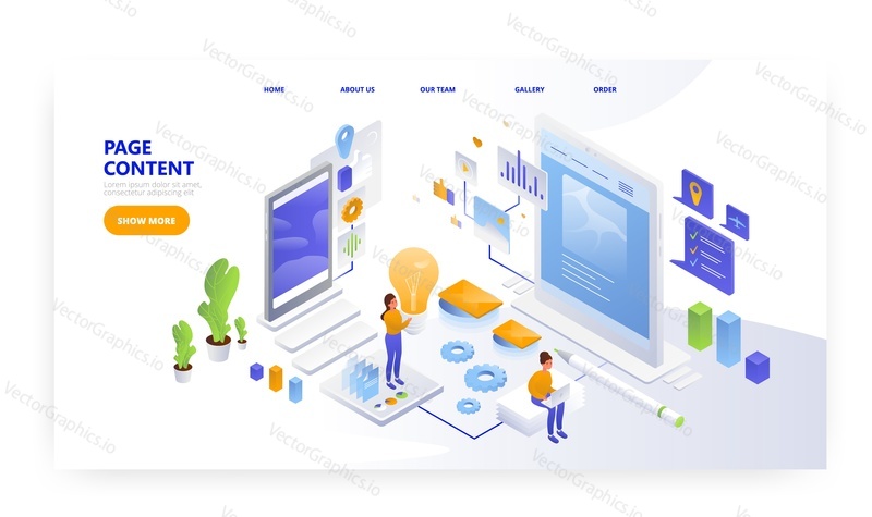Page content. Landing page design, website banner template, flat vector isometric illustration. People creating website content.