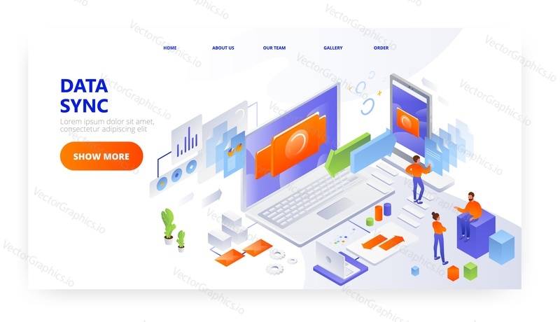 Data sync landing page design, website banner template, flat vector isometric illustration. Data synchronization process between laptop computers and mobile phone devices.