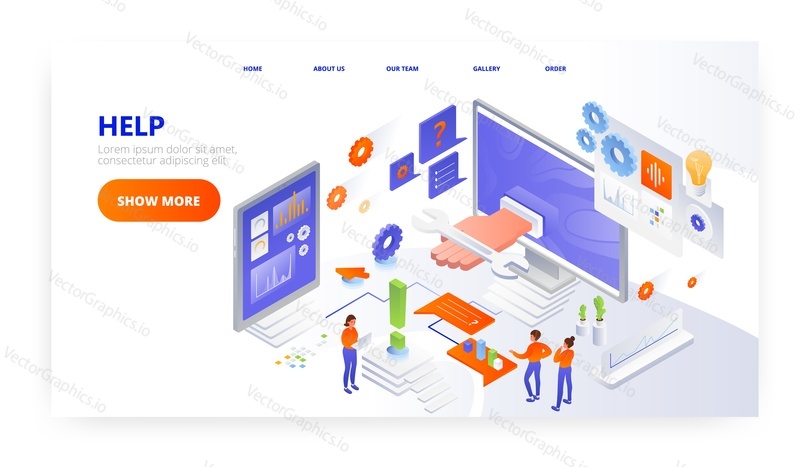 Help landing page design, website banner template, flat isometric vector illustration. Technical assistance, customer support, computer service.