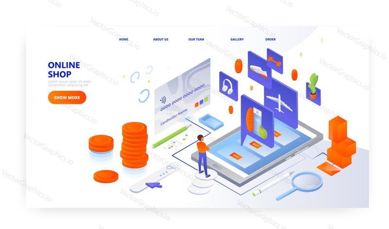 Online shop landing page design, website banner template, flat vector isometric illustration. Man enjoying shopping online buying grocery food, clothing, tickets, other goods on the internet.