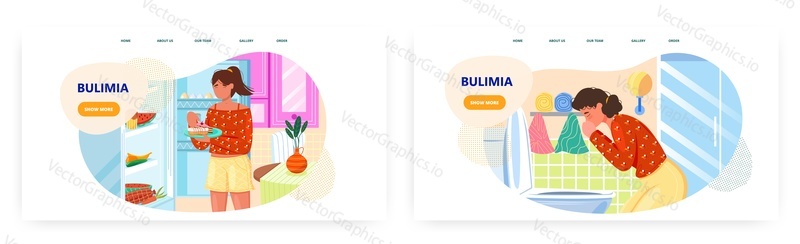 Bulimia landing page design, website banner template set, flat vector illustration. Woman suffering from bulimia, psychological eating disorder.