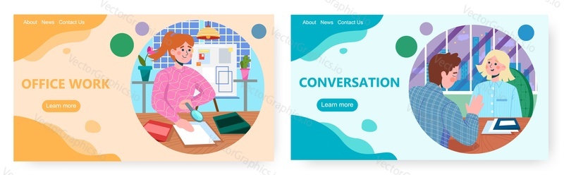 Office work landing page design, website banner template set, flat vector illustration. Conversation between employee and customer, partner. Workflow. Office situations.