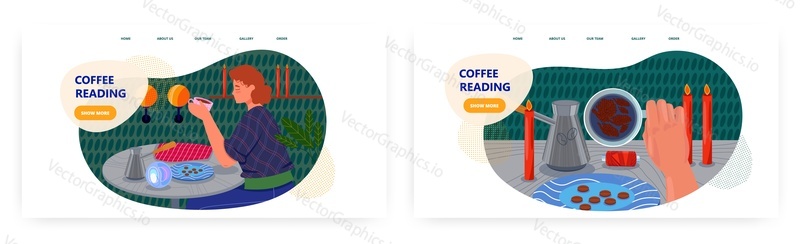 Coffee reading landing page design, website banner template set, flat vector illustration. Fortune telling or tasseography on coffee grounds.