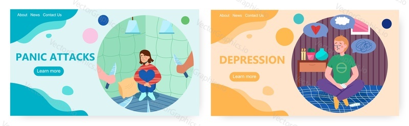 Panic attack and depression landing page design, website banner template set, flat vector illustration. Anxiety disorder, mental health.