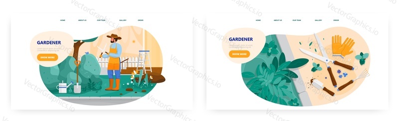 Gardener landing page design, website banner template set, flat vector illustration. Man trimming bush with garden scissors or clippers. Garden care and hedge cutting service. Gardening.