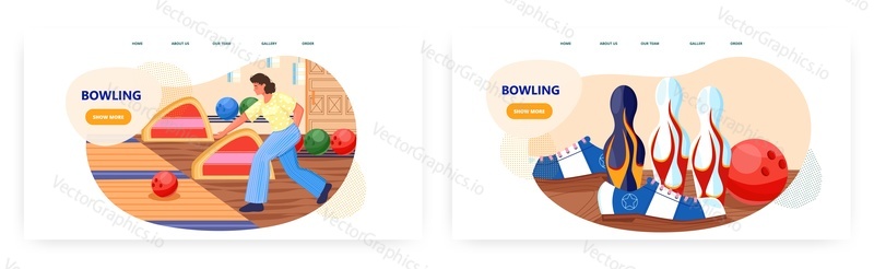 Bowling landing page design, website banner template set, flat vector illustration. Woman playing bowling game throwing ball to knock down pins. Leisure activity.