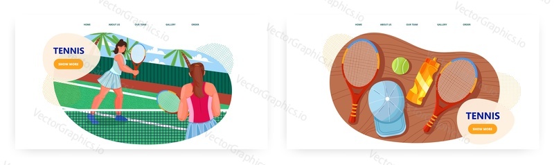 Tennis landing page design, website banner template set, flat vector illustration. Two girls playing tennis on outdoor court. Healthy lifestyle.