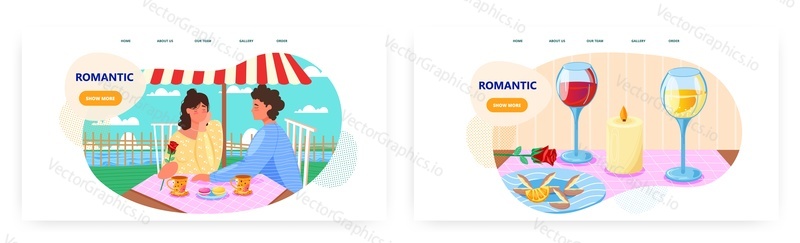 Romantic dinner landing page design, website banner template set, flat vector illustration. Happy couple having date in restaurant, cafe.