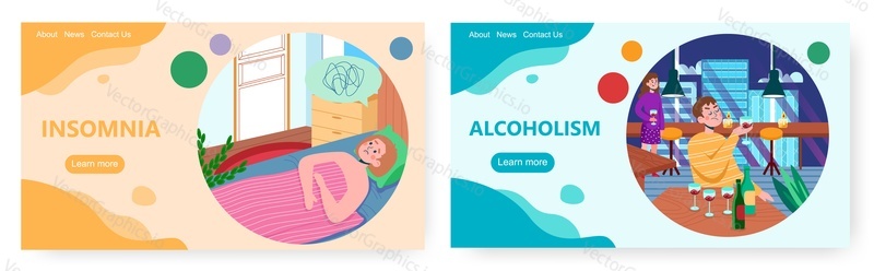 Insomnia and alcoholism landing page design, website banner template set, flat vector illustration. Sleep disorder, alcohol addiction, abuse. Mental health.