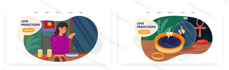 Love predictions landing page design, website banner template set, flat vector illustration. Woman predicting future love relationships and marriage with wedding ring.