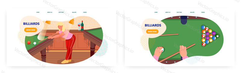 Billiards landing page design, website banner template set, flat vector illustration. Woman playing table pool, snooker or classic billiard game. Cue sports. Entertainment.