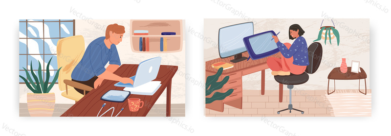 Home office landing page design, website banner template set, flat vector illustration. Happy man and woman working remotely from home. Freelance, distance learning.