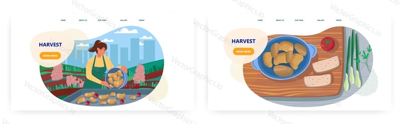 Harvest landing page design, website banner template set, flat vector illustration. Farmer harvesting potato. Agriculture, farming.