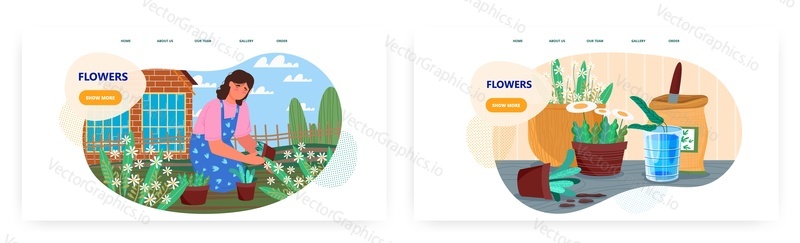 Flower growing landing page design, website banner template set, flat vector illustration. Happy woman gardener planting garden flowers. Gardening hobby, service.