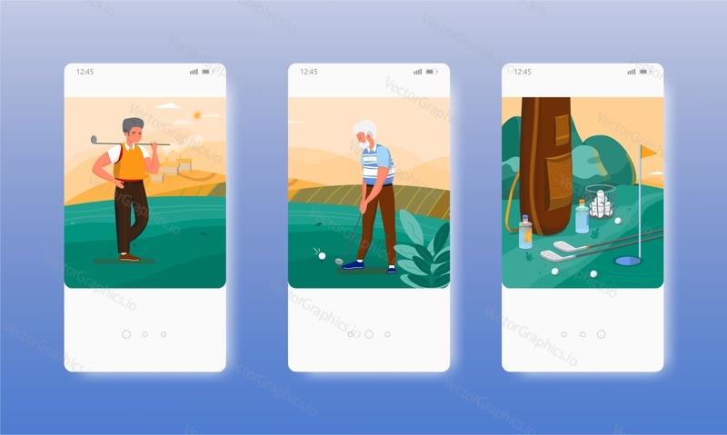 Elderly man practicing outdoor golf sport game with trainer. Mobile app screens. Vector banner template for website and mobile development. Web site and UI design illustration.
