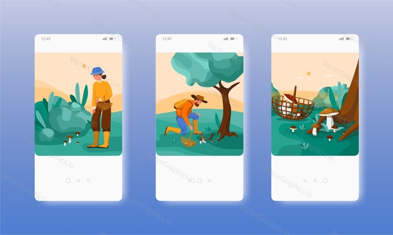 People gathering mushrooms in forest. Autumn activity, hobby. Mobile app screens. Vector banner template for website and mobile development. Web site and UI design illustration.