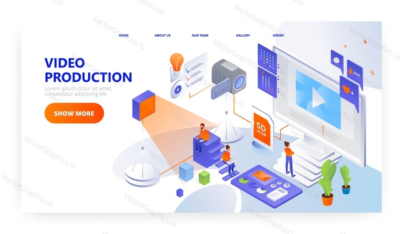 Video production landing page design, website banner template, flat vector isometric illustration. People making video content in studio for social media.