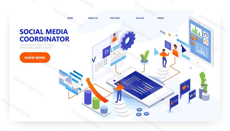 Social media coordinator landing page design, website banner template, flat vector isometric illustration. Marketing manager job. Social media campaign, strategy.