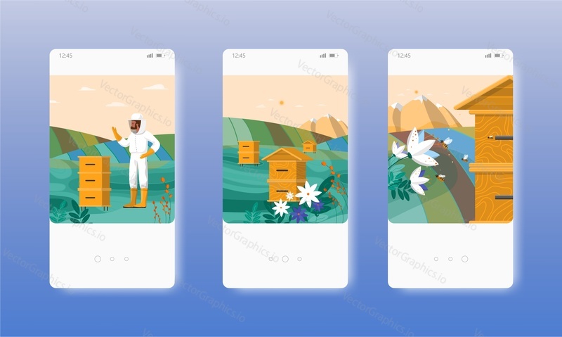 Apiary farm. Healthy organic honey production. Beekeeping. Apiculture. Mobile app screens. Vector banner template for website and mobile development. Web site and UI design illustration.